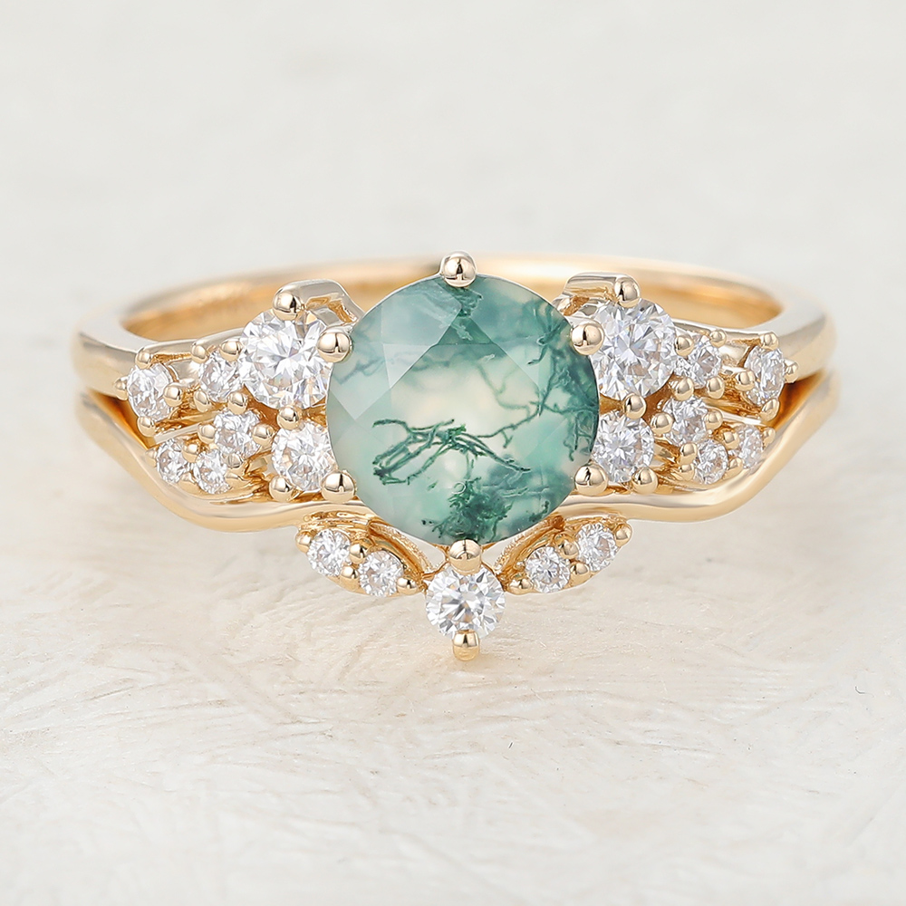 Juyoyo Unique Moss Agate Gold Vintage Engagement Ring Set