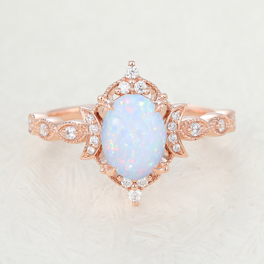 Juyoyo Vintage Oval Cut Opal Rose Gold Halo Engagement Ring