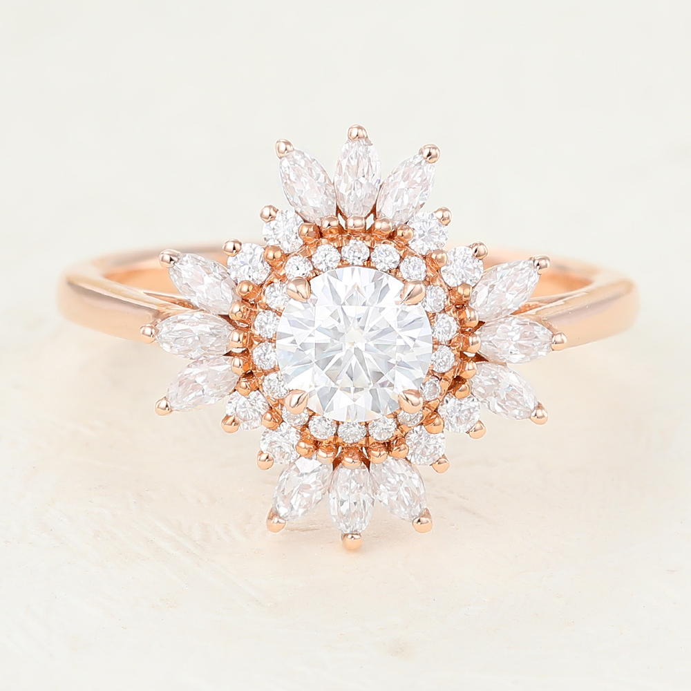 Juyoyo Unique Moissanite Rose Gold Flower Vintage Engagement Rings