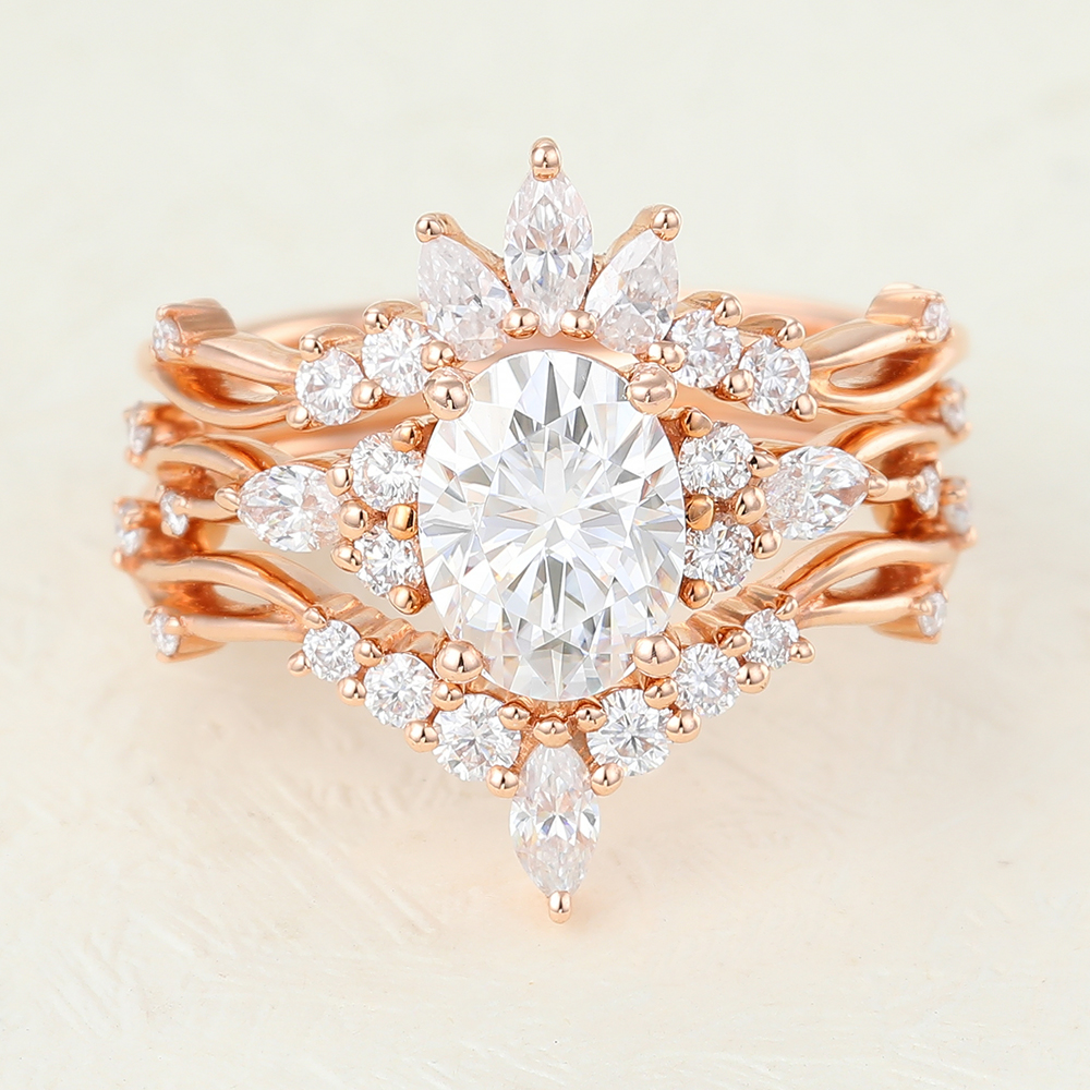 Juyoyo 3PCS Rose Gold Oval Moissanite Vintage Twig Engagement Ring set