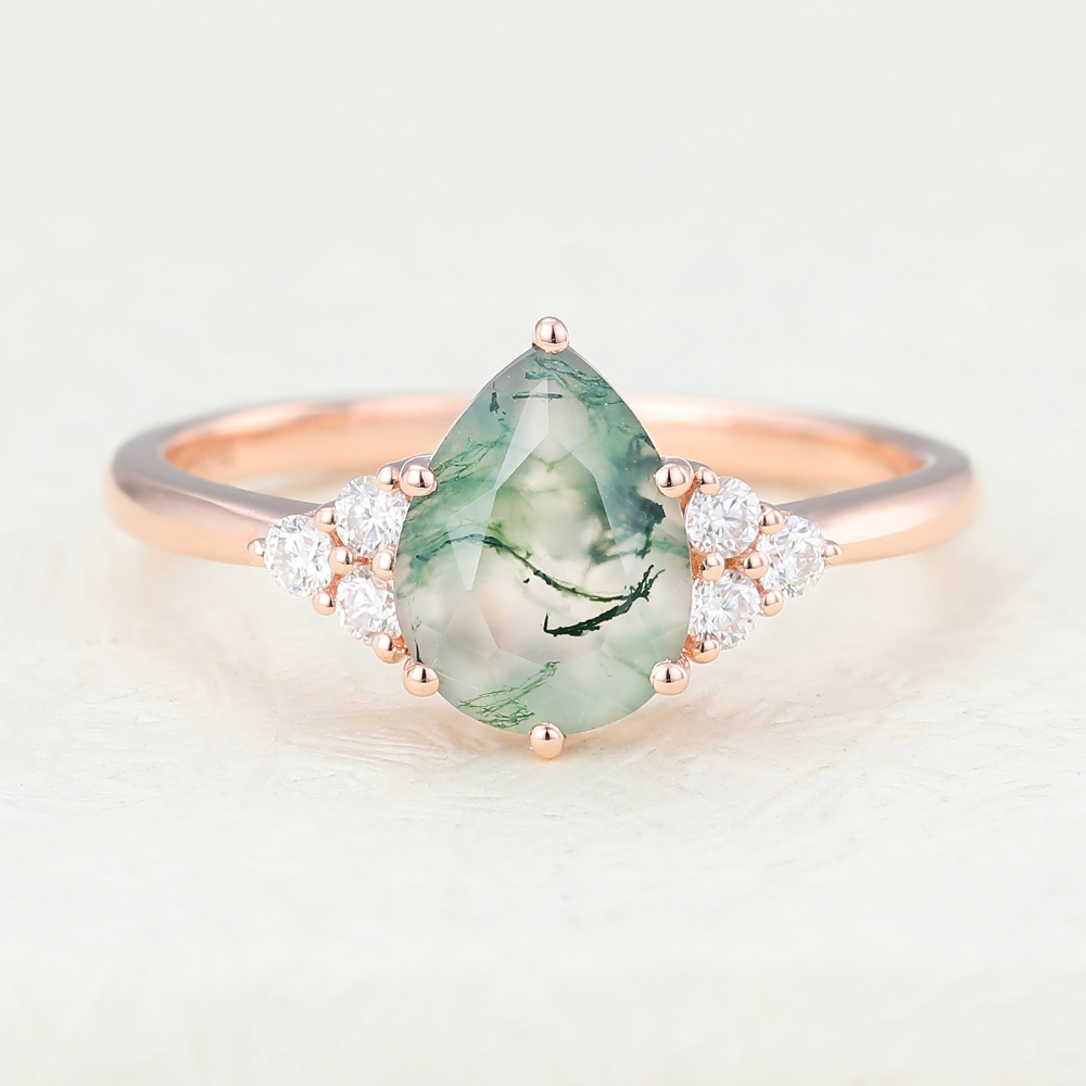 Juyoyo pear shaped moss agate rose gold engagement ring