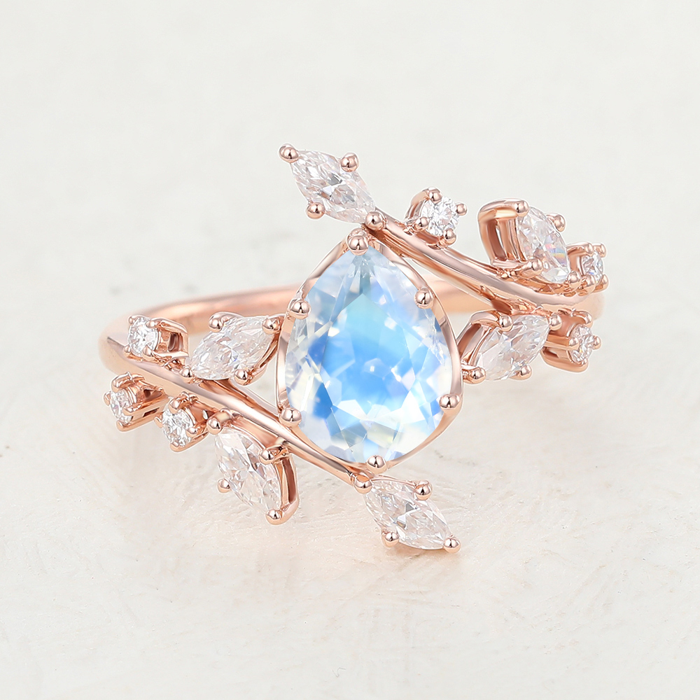 Juyoyo Pear Shaped Moonstone Vintage Rose Gold Engagement Ring Set