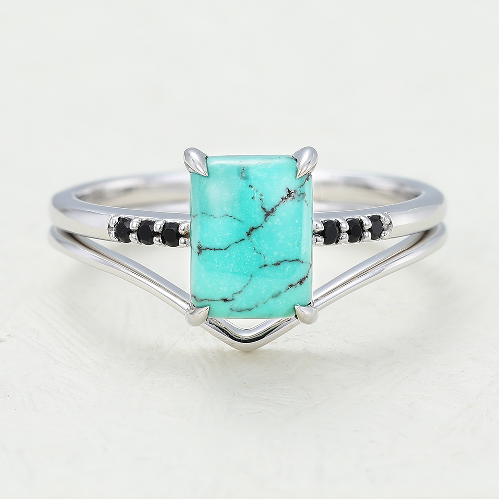 Juyoyo Emerald cut turquoise engagement ring set
