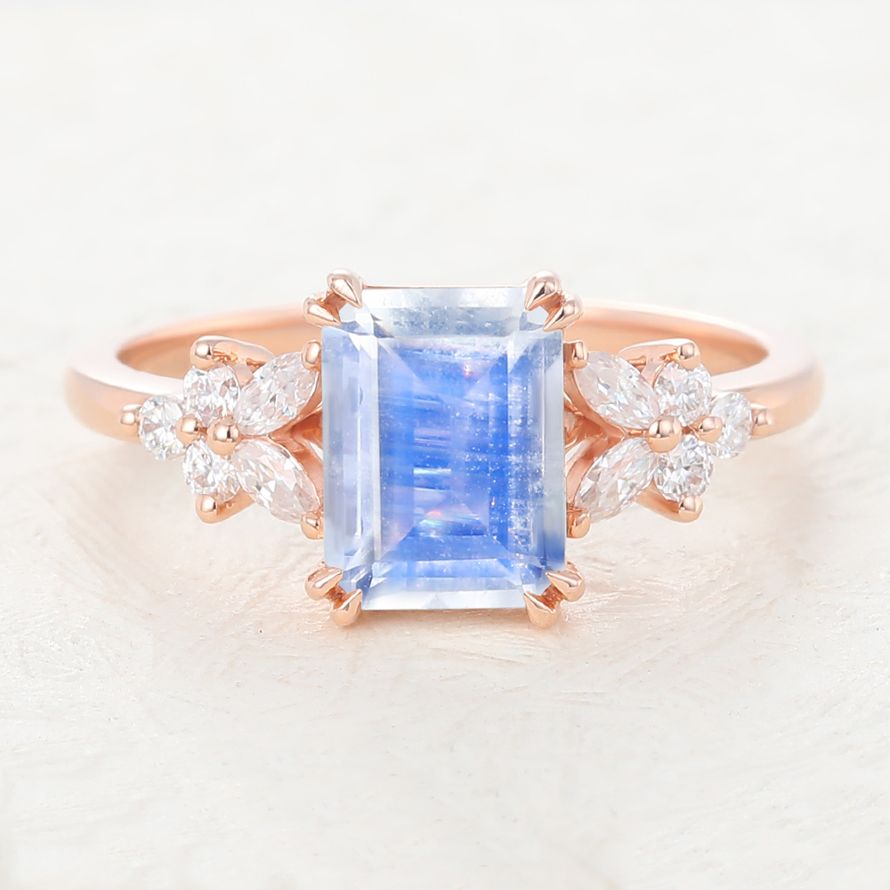 Juyoyo Natural Inspired Emerald Cut Moonstone and Diamond Side Stone Ring 