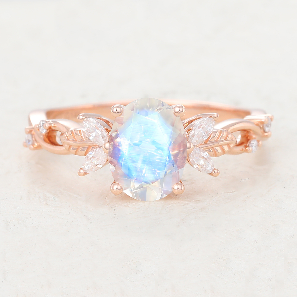 Juyoyo Oval Cut Unique Moonstone Rose Gold Delicate Leaf Shaped Engagement Ring