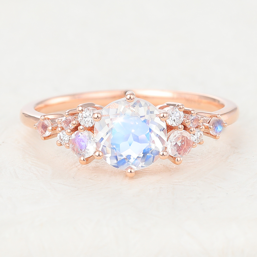 Unique Round Moonstone and Diamond Cluster Engagement Ring