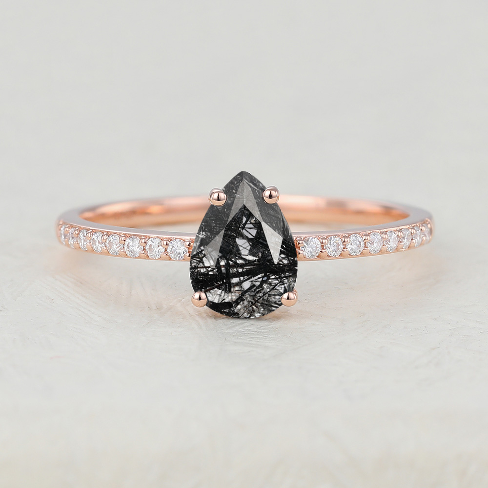 Juyoyo Pear shaped Black Rutilated Quartz Rose gold engagement ring