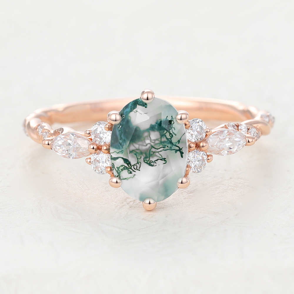 Juyoyo Oval Cut Moss Agate Rose Gold Engagement Ring