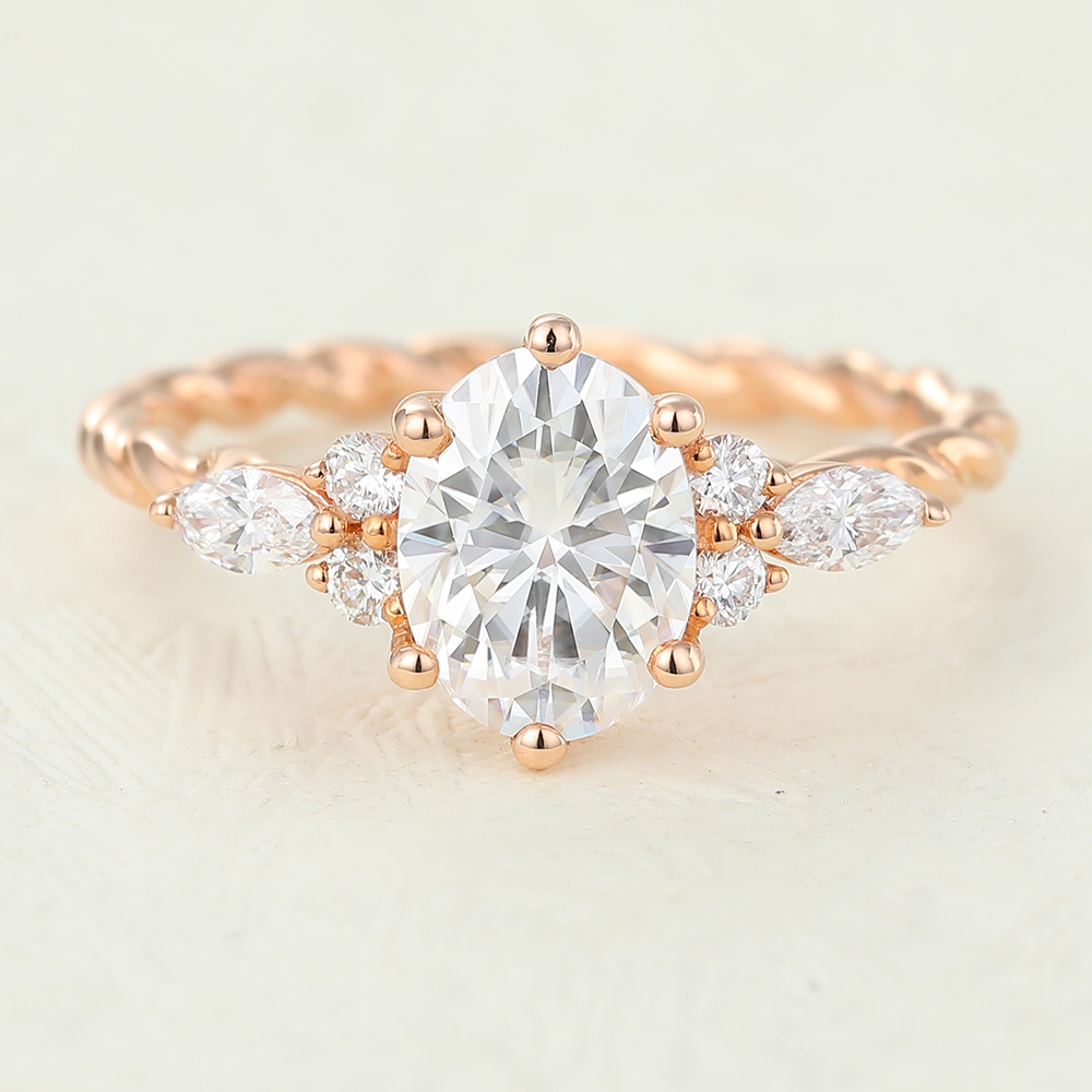 Juyoyo oval cut moissanite rose gold twisted engagement ring