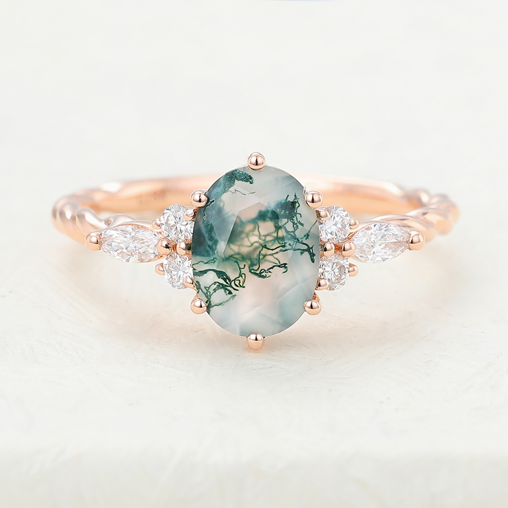 Juyoyo Oval Cut Moss Agate Rose Gold Twisted Engagement Ring