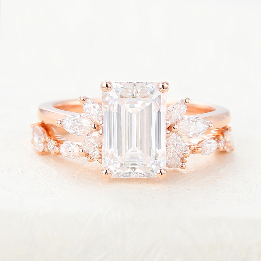 Juyoyo 6*9mm Emerald cut moissanite rose gold engagement ring set