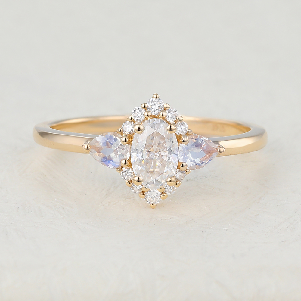 Juyoyo Vintage Oval Cut Moissanite and Moonstone Halo Engagement Ring