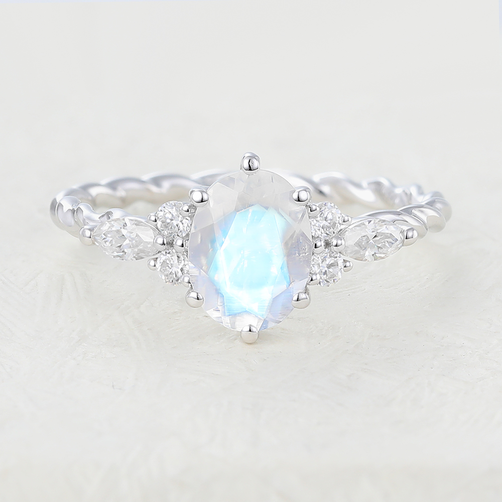 Juyoyo Minimalist Oval Cut Moonstone and Diamond Twisted Engagement Ring
