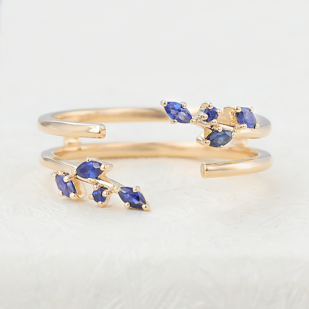 Juyoyo Natural Blue Sapphire Matching Ring Yellow Gold Wedding Ring 