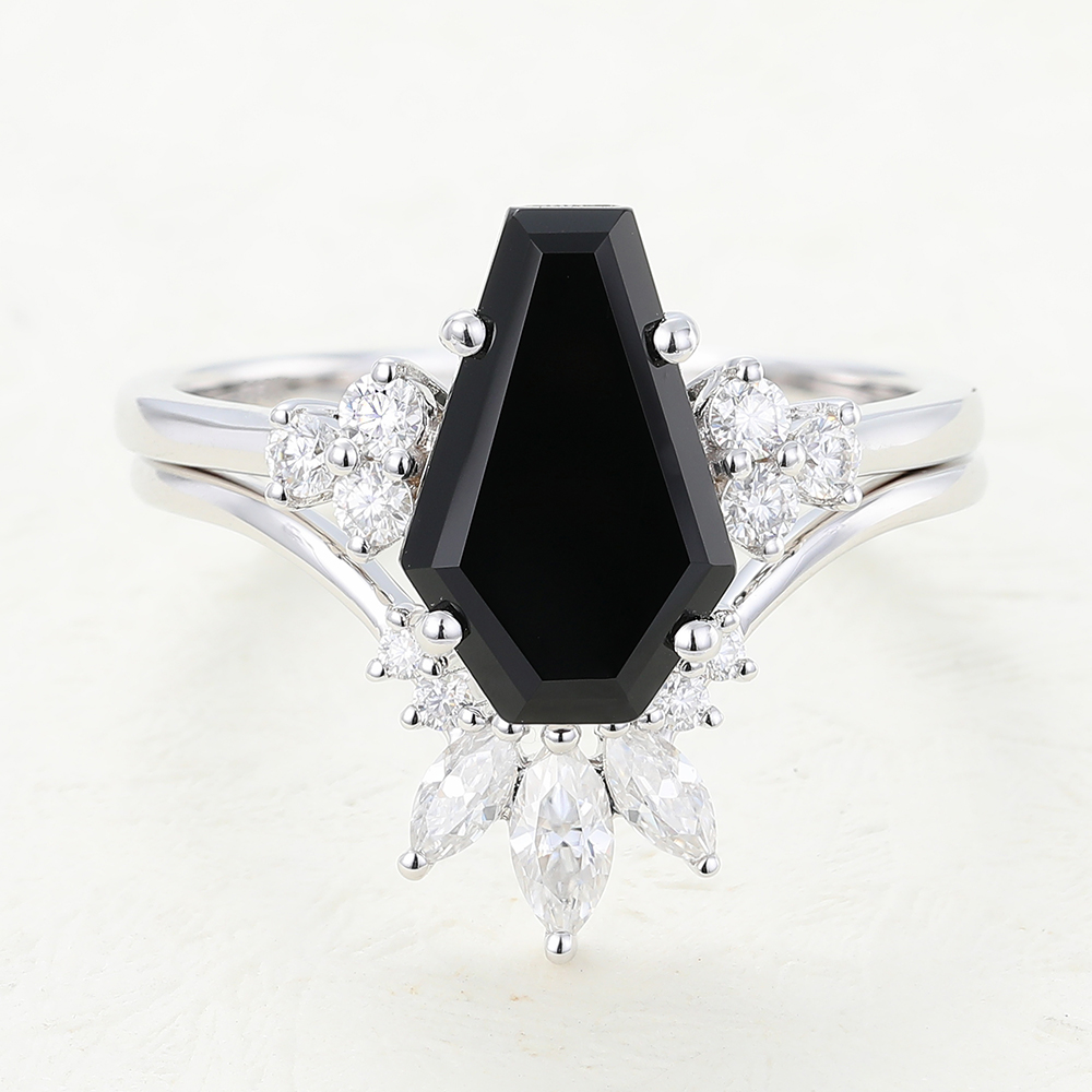 Juyoyo Coffin Shaped Black Onyx Engagement Ring with Macth Curved Diamond Band