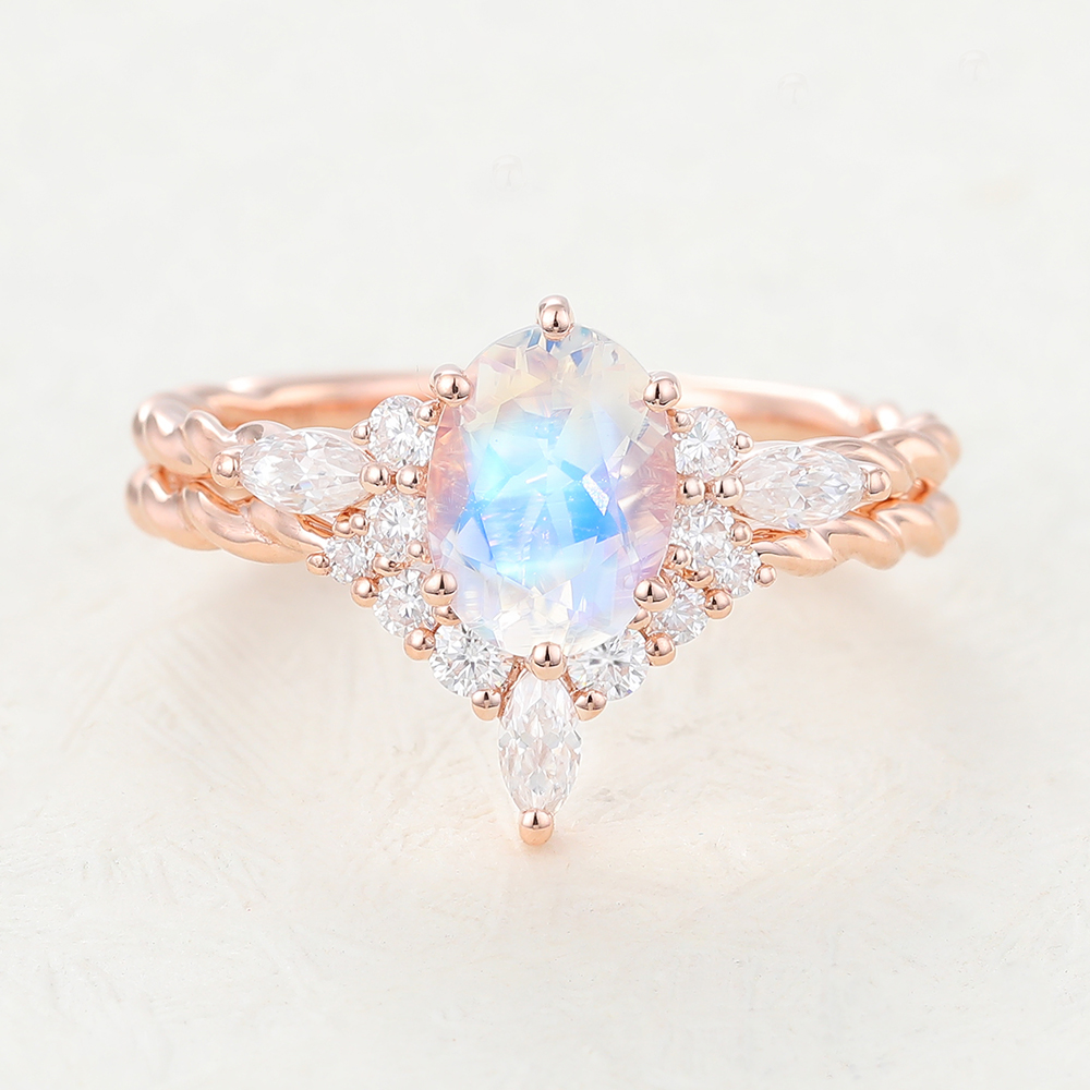 Juyoyo Oval Cut Rainbow Moonstone Rose Gold Bridal Engagement Wedding Ring Set