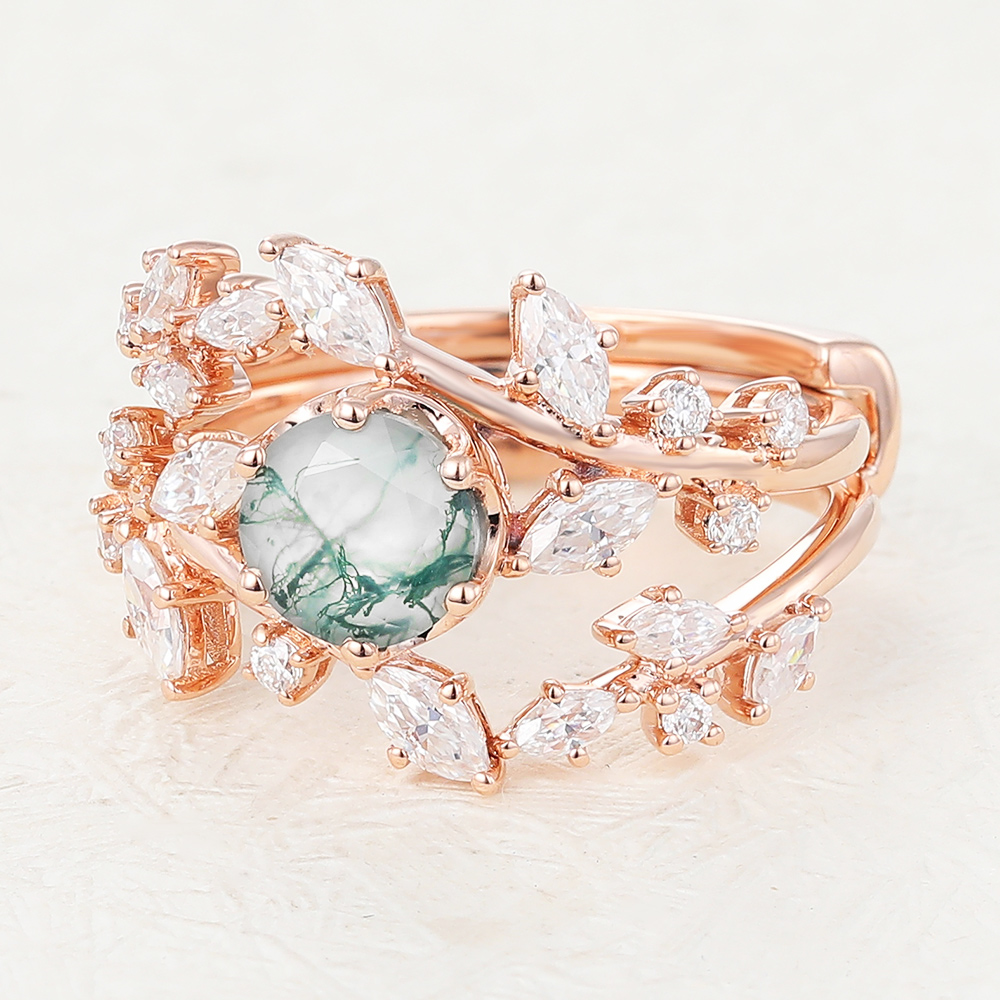 Juyoyo Unique Moss Agate Rose Gold Engagement Ring Set