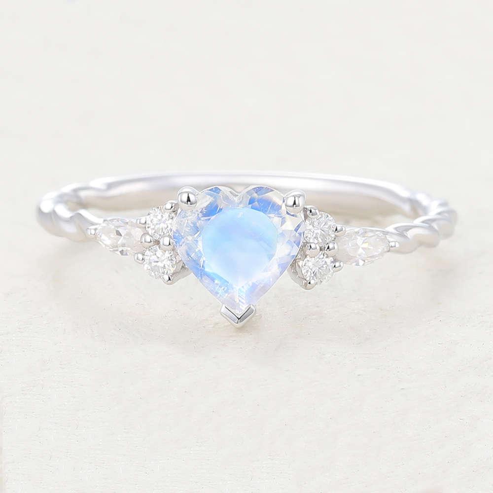 Juyoyo Heart Cut Rainbow Moonstone White Gold Twisted Engagement Ring