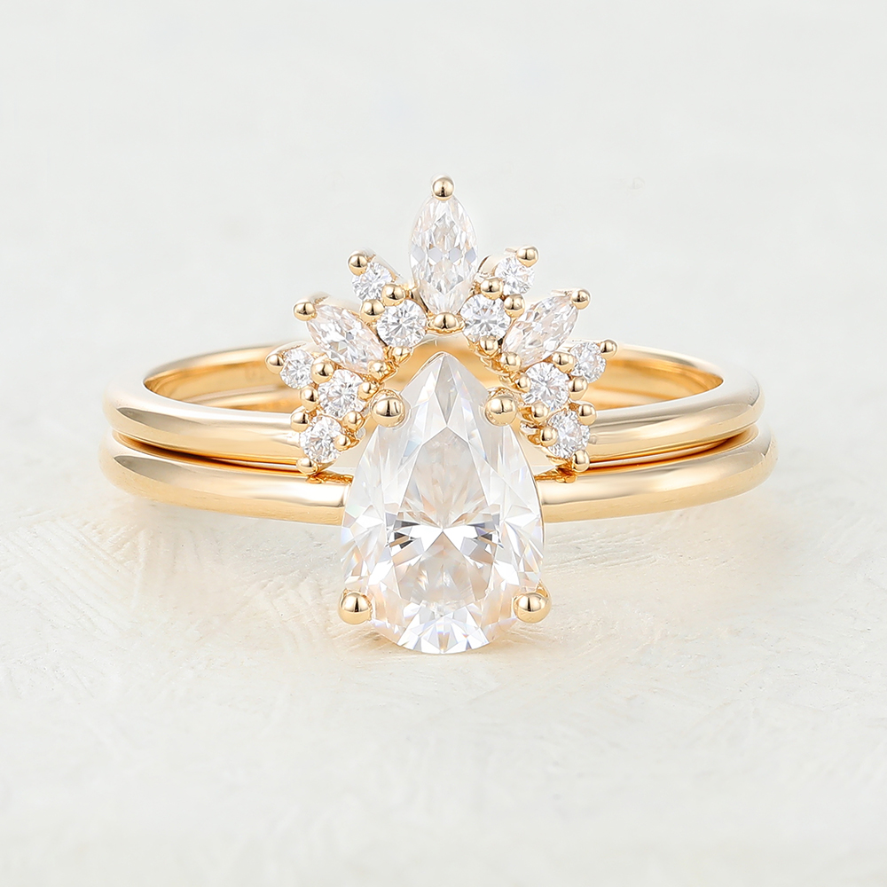 Juyoyo 1.5ct Pear shaped Moissanite Gold Engagement Ring Set