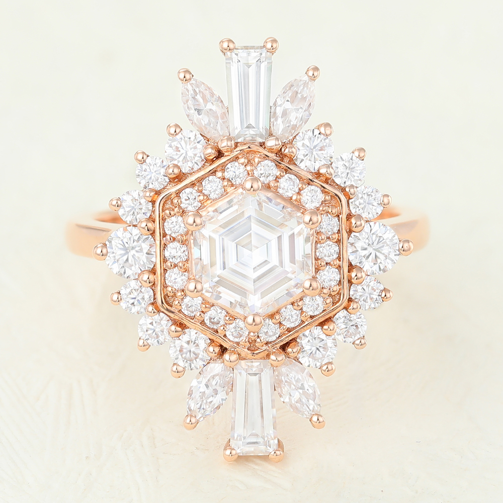 Juyoyo Hexagon cut Moissanite Rose gold Halo Engagement Ring