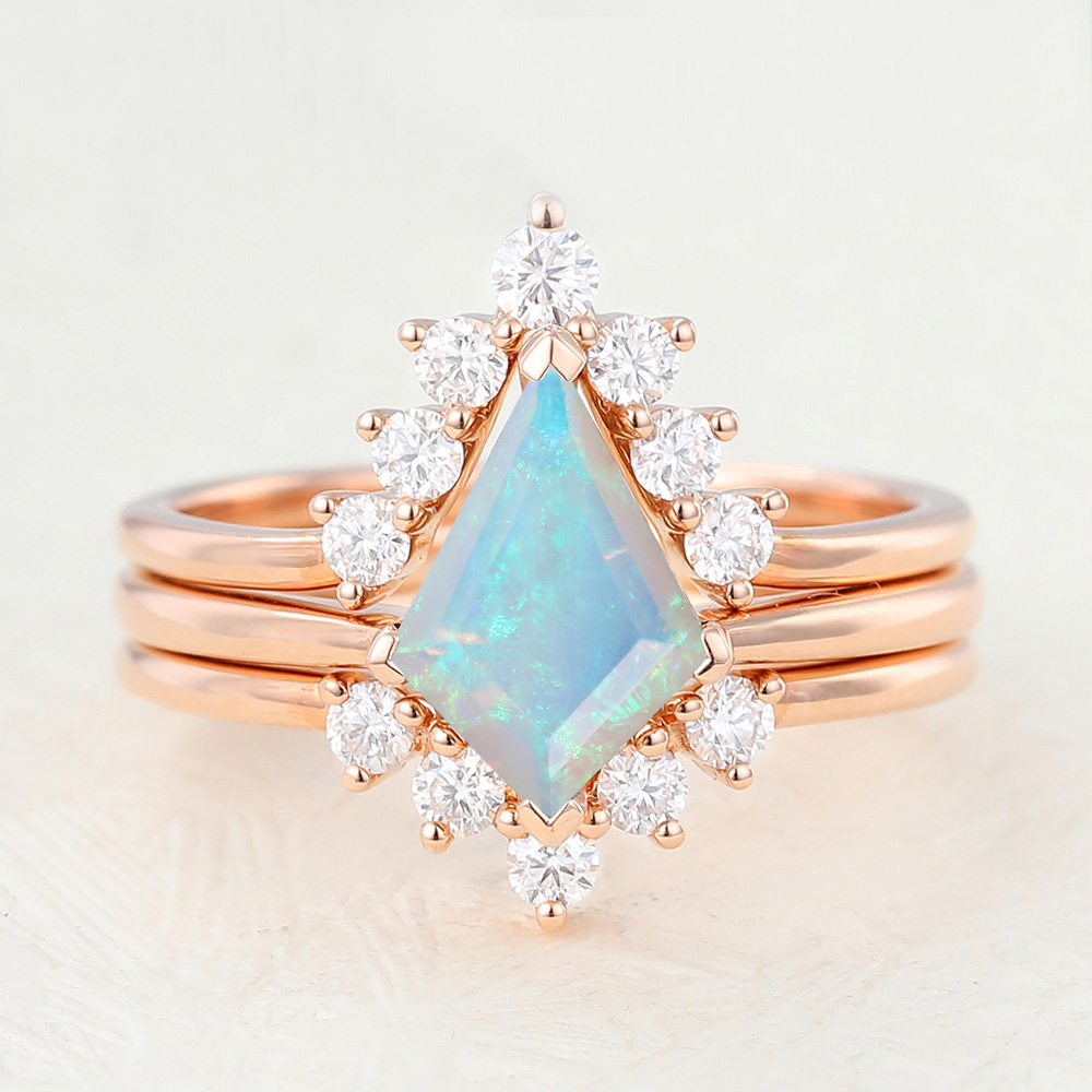 Juyoyo 3pcs 1ct Kite Shaped Opal Rose Gold Vintage Engagement Ring set