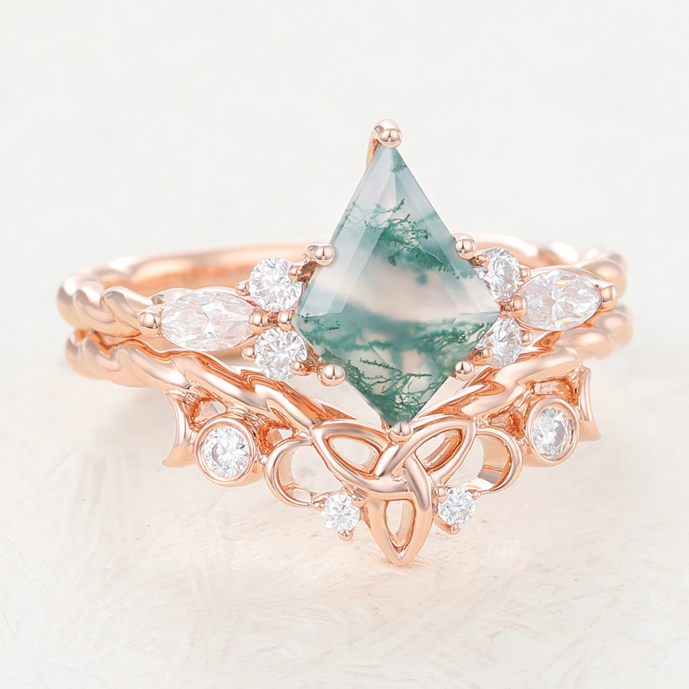 Kite Cut Moss Agate Ring Twisted Unique Engagement Ring Set in Rose Gold