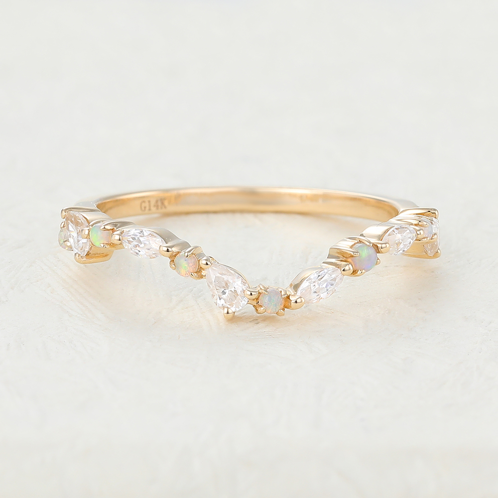 Juyoyo Cluster Moissanite Gold Opal Curved Wedding Band 