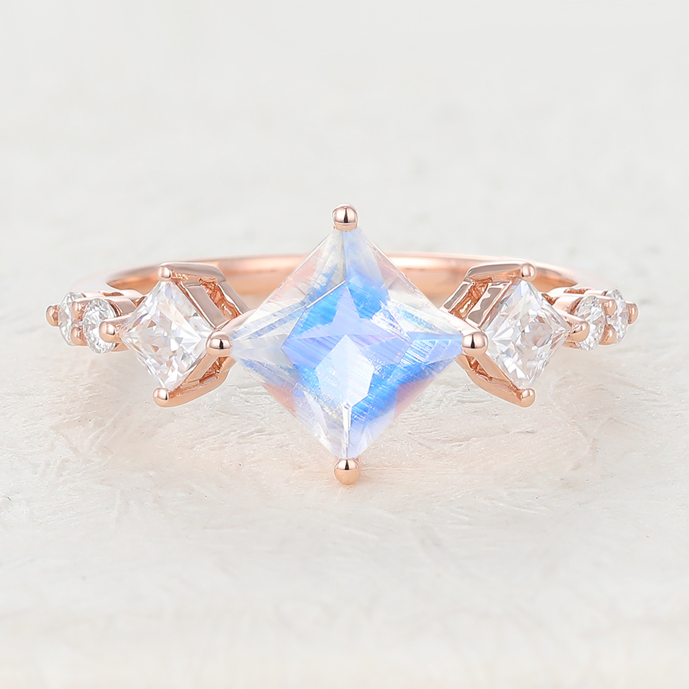 Juyoyo Unique Princess Cut Moonstone Ring with Diamond Accents for Women