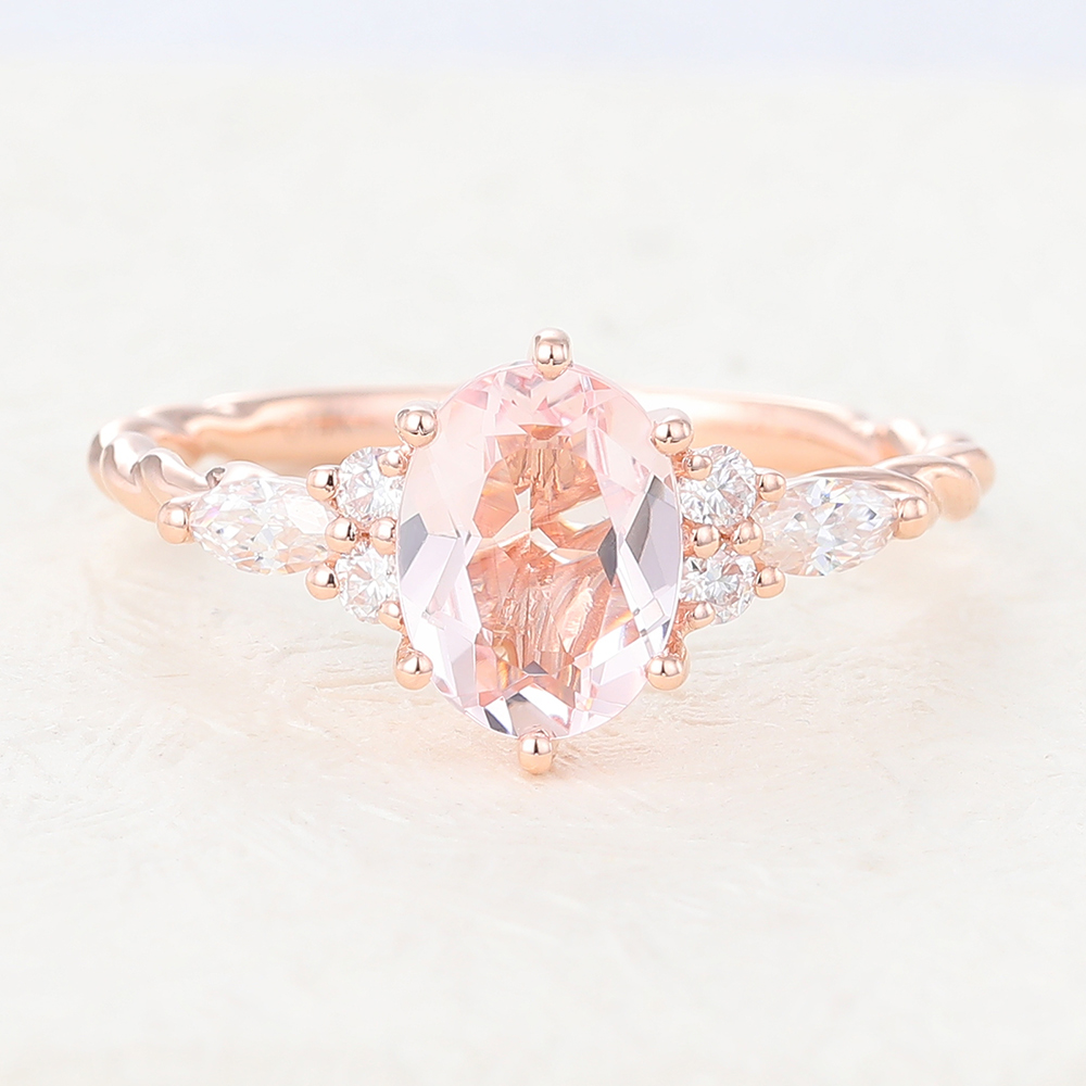 Juyoyo Twisted Oval Cut Morganite Side Stone Engagement Ring with Diamond Accents