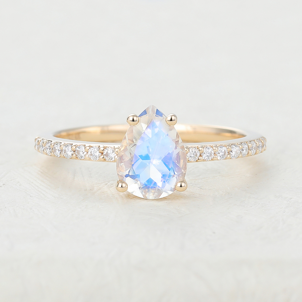 Simple Pear Cut Moonstone Solitaire Diamond Pavé Engagement Ring 
