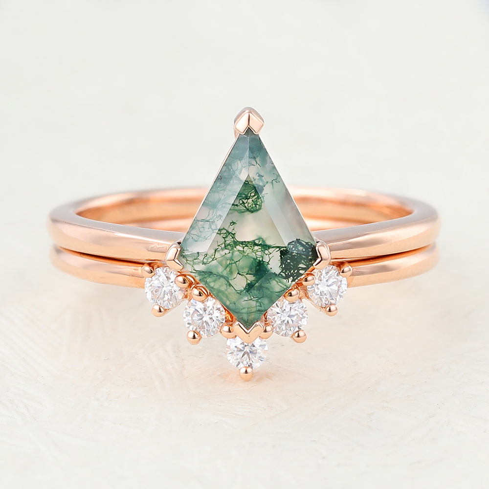Juyoyo kite type Moss Agate Rose gold Engagement Ring set