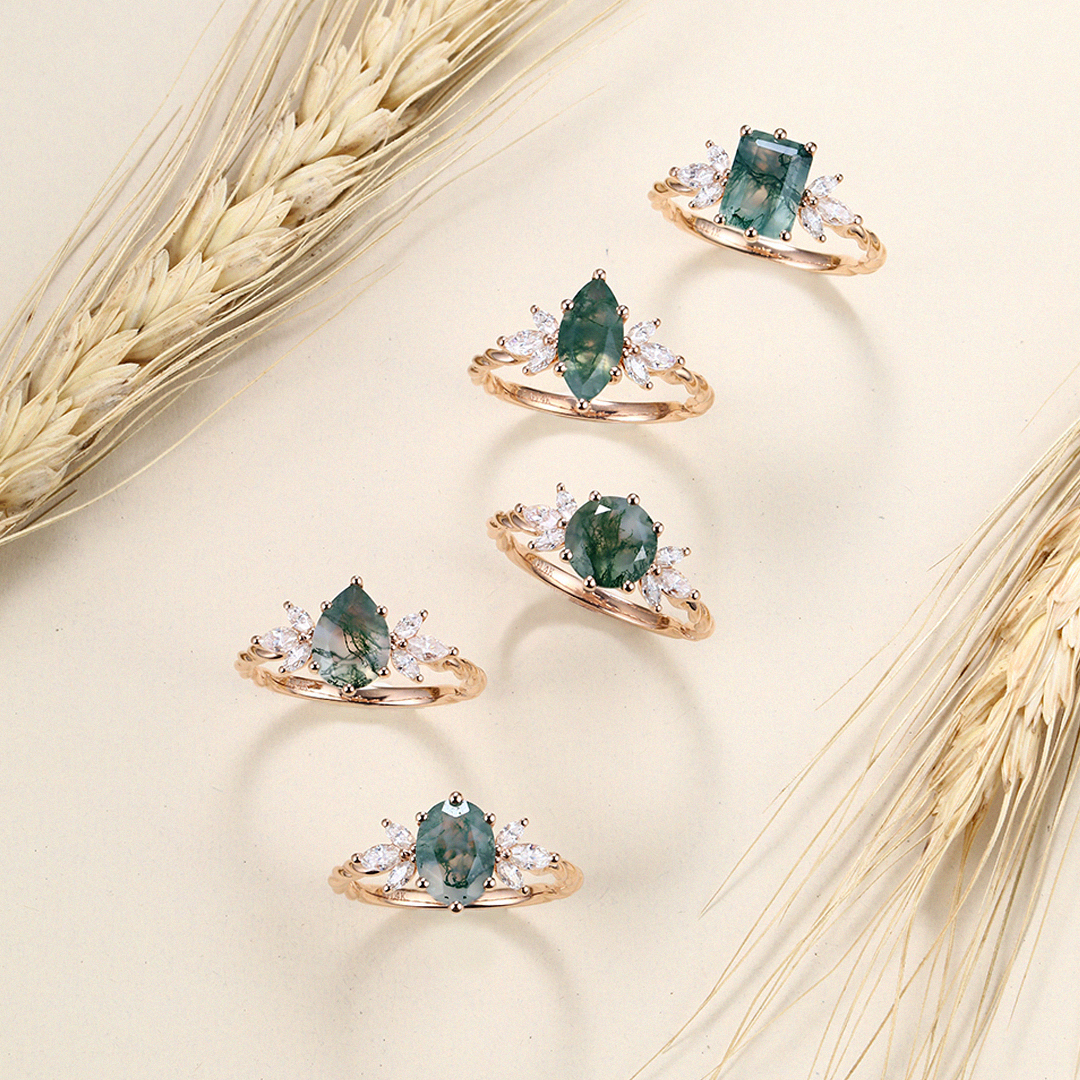 moss agate engagement wedding rings