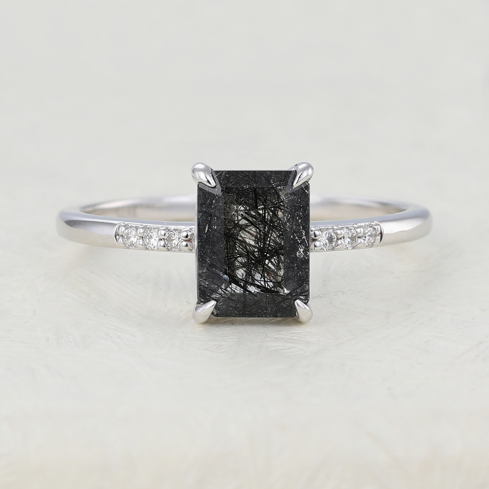 Juyoyo Emerald Cut Black Quartz Rutilated White Gold Engagement Ring