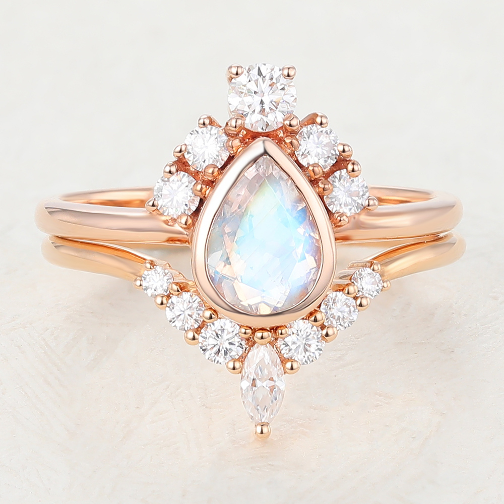 Juyoyo Pear Shaped Moonstone Rose Gold Halo Engagement Ring Set