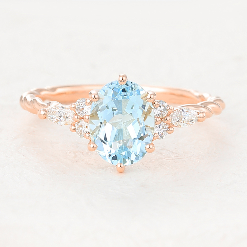 Juyoyo Oval Cut Aquamarine Rose Gold Twisted Engagement Ring