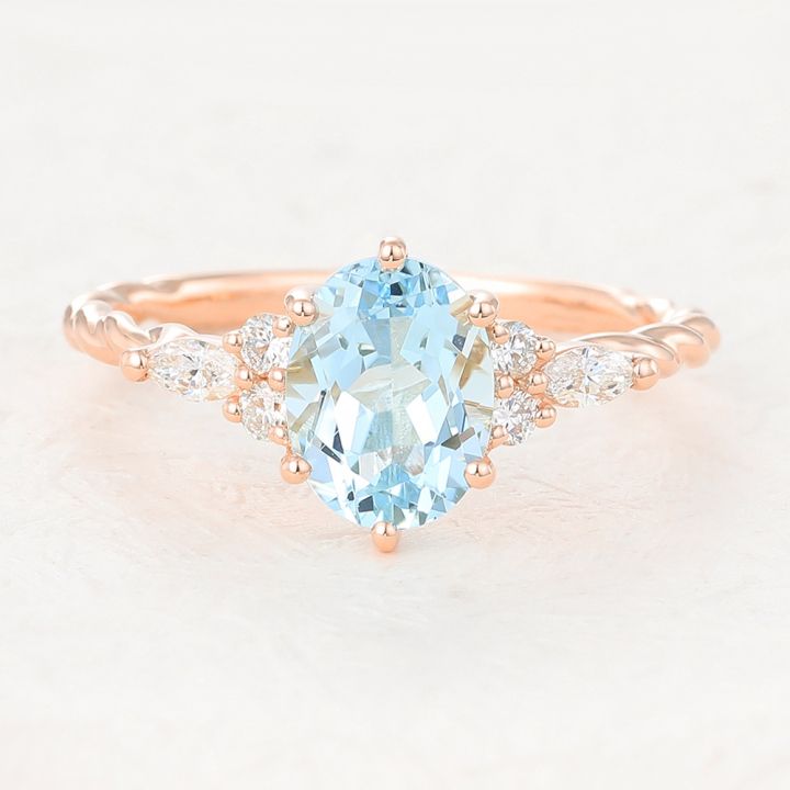 Juyoyo Oval Cut Aquamarine Rose Gold Twisted Engagement Ring