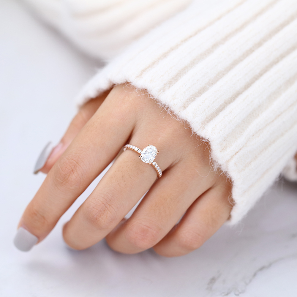 Oval Cut Moissanite Rose Gold Half Eternity Pav&eacute; Engagement Ring
