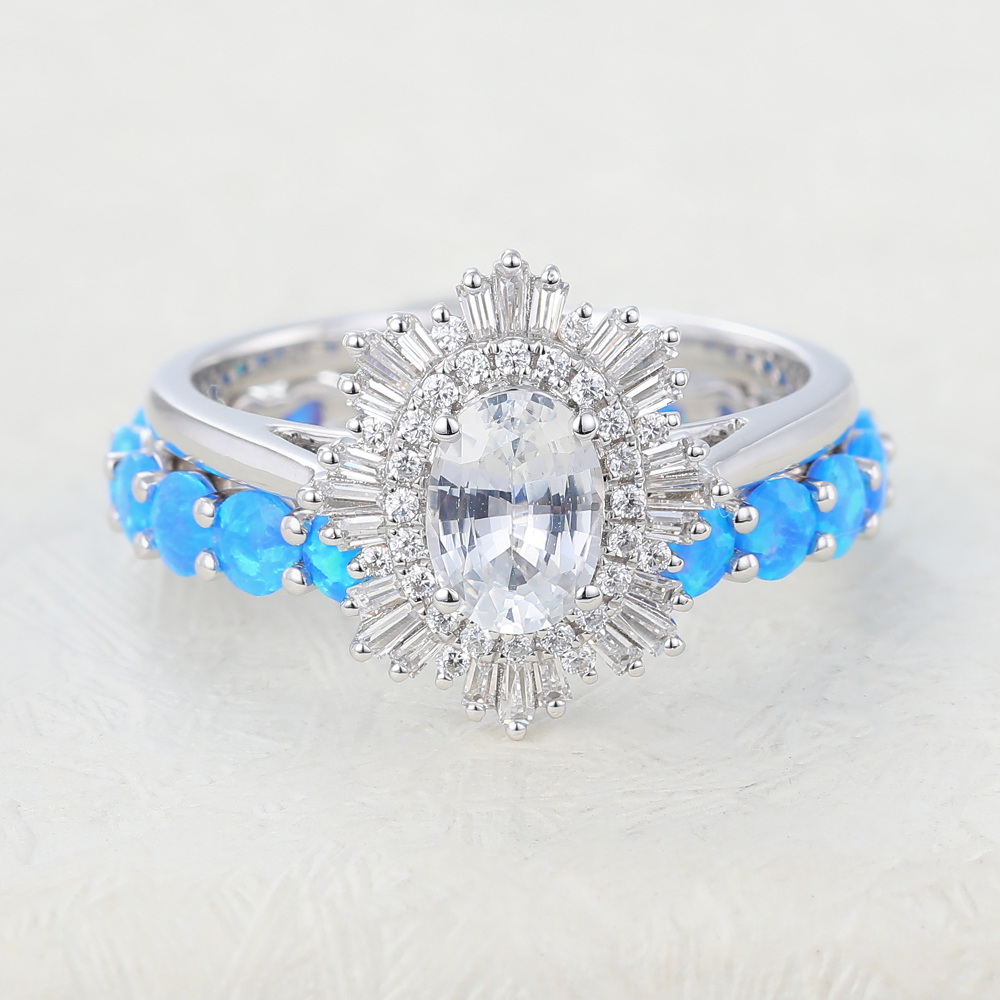 Juyoyo 1ct Oval White Sapphire White Gold Vintage Halo Engagement Ring Set