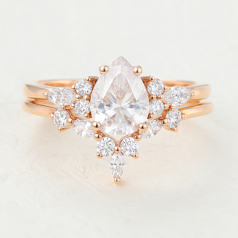 Juyoyo 2pcs Pear shaped Rose gold Moissanite engagement ring set