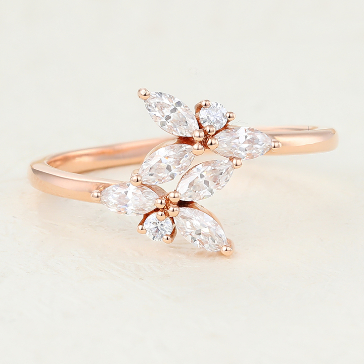 Unique Band Marquise cut Moissanite Rose Gold Leaf Wedding Ring