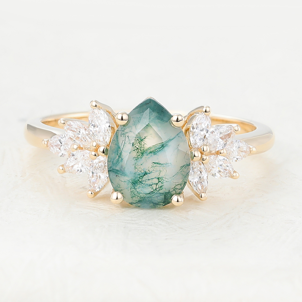 Juyoyo Pear Shaped Moss Agate Gold Engagement Ring