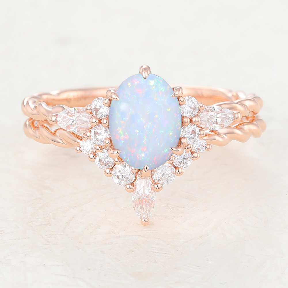 Juyoyo Oval Cut Opal Rose Gold Vintage Twisted Engagement Ring Set