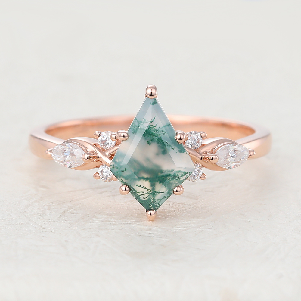 Juyoyo Kite Shaped Vintage Moss Agate Rose Gold Engagement Ring Set