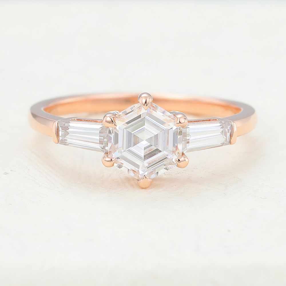 Juyoyo hexagon cut moissanite rose gold engagement ring