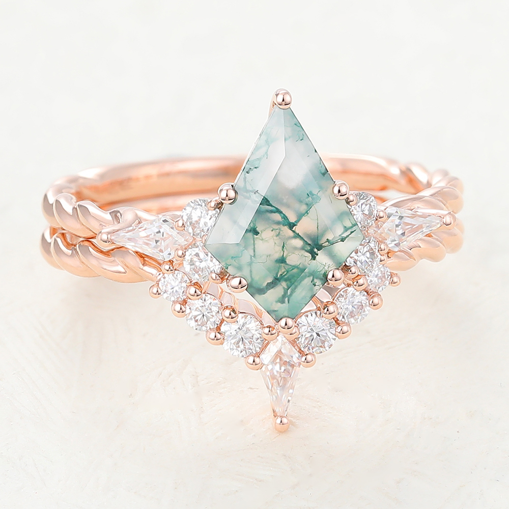 Kite Shaped Moss Agate Twisted Engagement Ring with Match Curved Wedding Band in Rose Gold