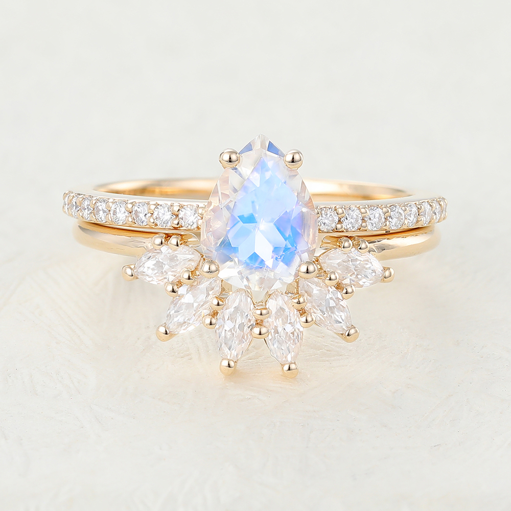 Juyoyo Pear Shaped Moonstone Yellow Gold Pavé Engagement Ring Set