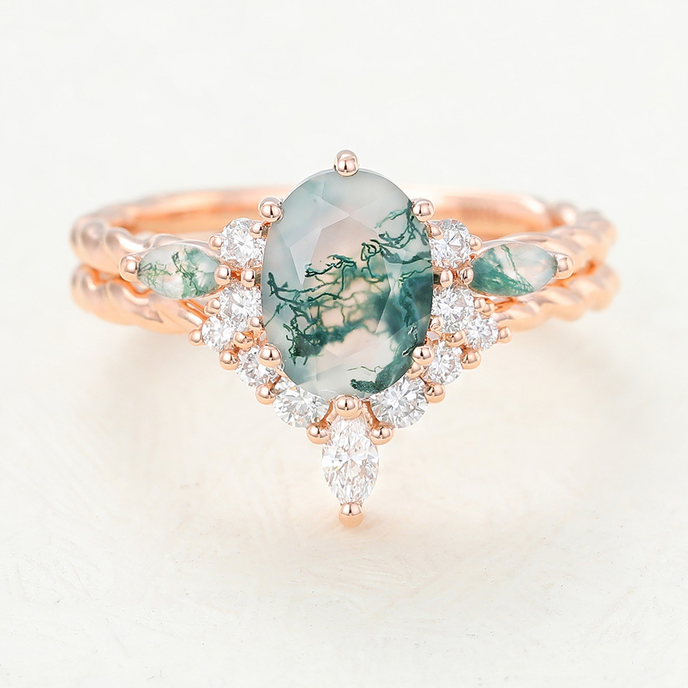 Engagement Ring Sets,Wedding and Engagement Set,Moss Agate Ring