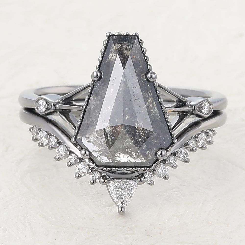 Juyoyo 3ct Unique Coffin Shaped Black Rhodium Salt And Pepper Diamond White Gold Engagement Ring Set 