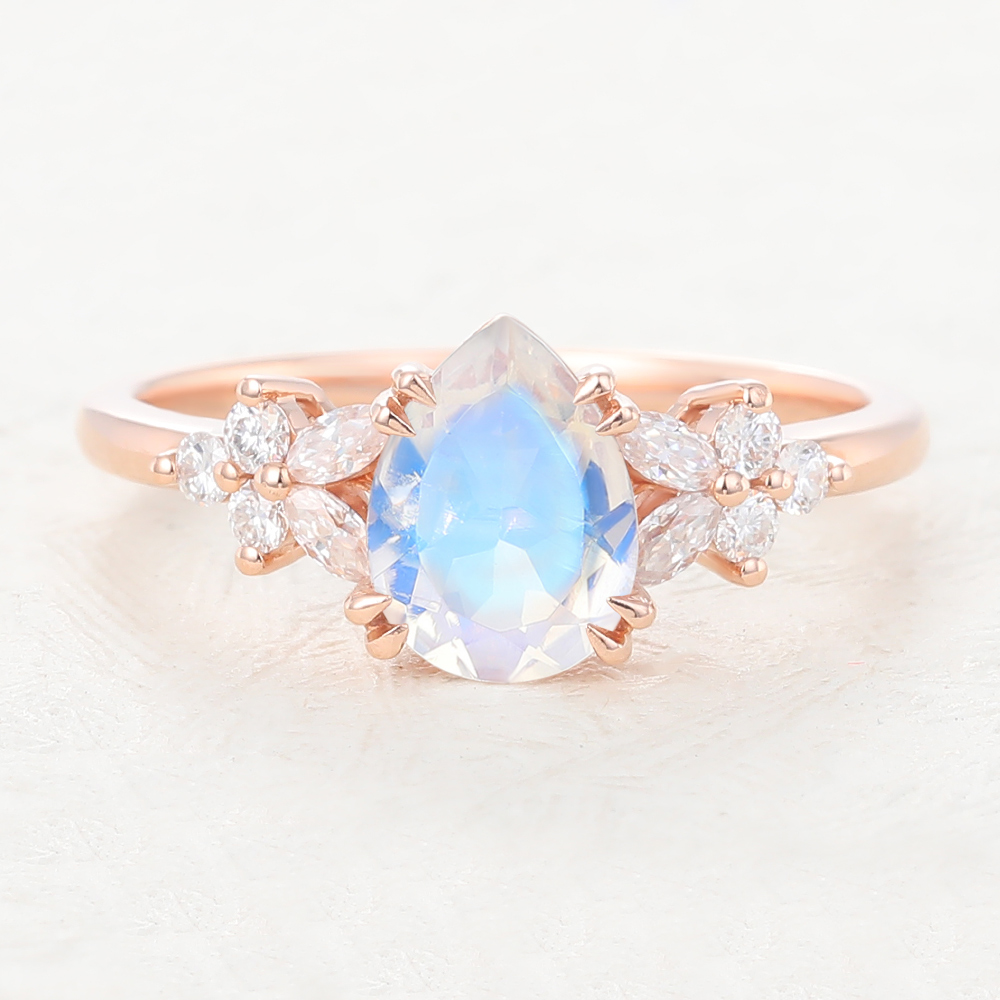 Pear Shaped Moonstone Rose Gold Dainty Floral Engagement Ring with Diamond Accents