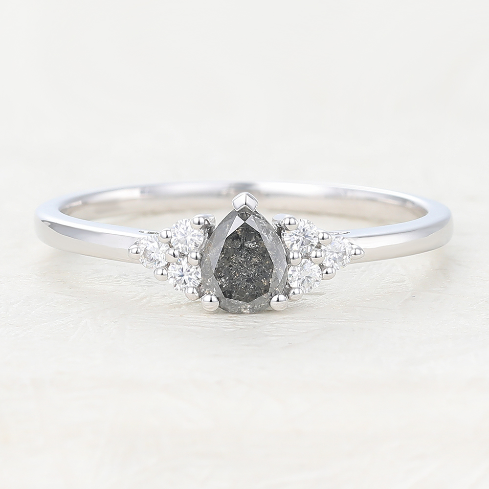 Juyoyo Unique Pear Shaped Salt And Pepper Diamond White Gold Engagement Ring 